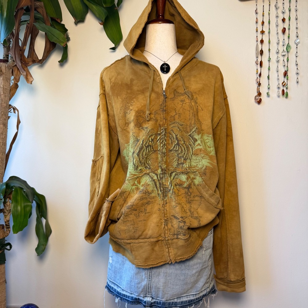 Tiger Graphic Tie Dye Boho Cargo Hoodie Brown Cotton Zip Up Whimsy Granola Alt M